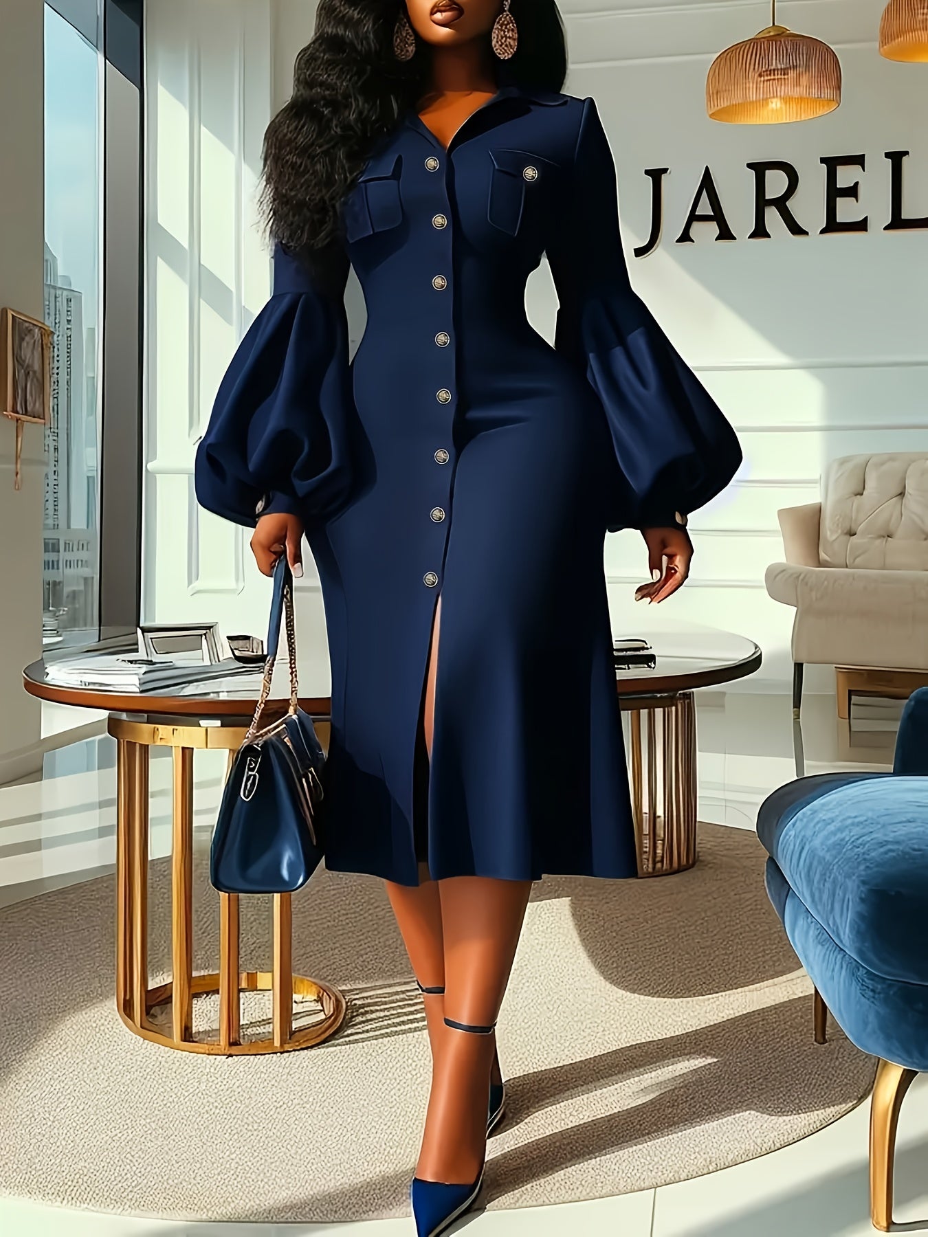 Elegant Women'S Long Sleeve V-Neck Dress - Stretchy Polyester Knit, Button Detail, Lantern Sleeves, Solid Navy Blue, Perfect for Spring/Fall Fashion, Casual Elegance | Lantern Sleeves | Button Detailing
